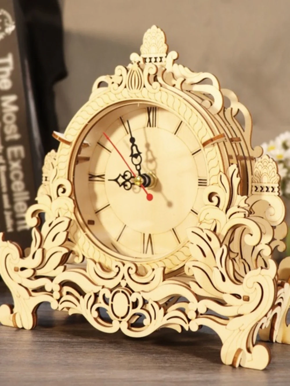 Ornate Cream Wooden Mantel Clock - Unbranded